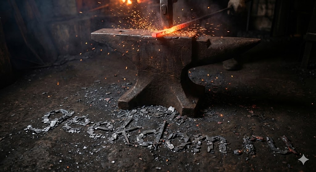 Наковальня в кузнице с раскаленным металлом