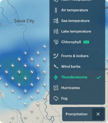Thunderstorms selected in the Windy.app map menu