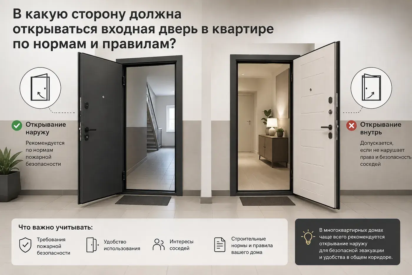 Иллюстрация к статье: в какую сторону должна открываться входная дверь в квартире по нормам и правилам.