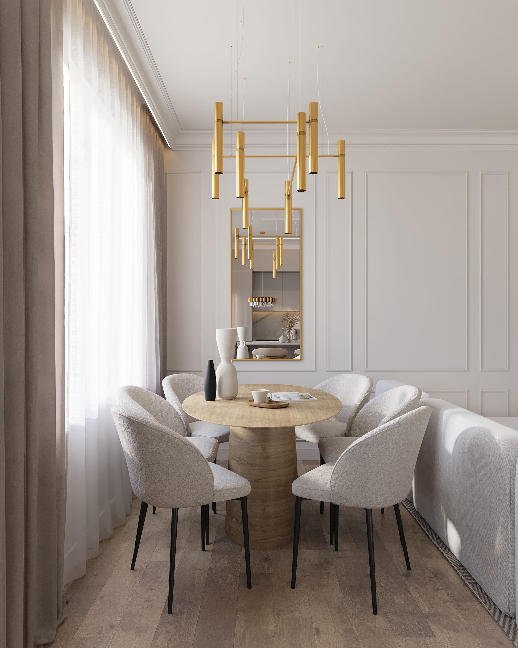 обеденная зона в квартире золотая люстра в интерьере 