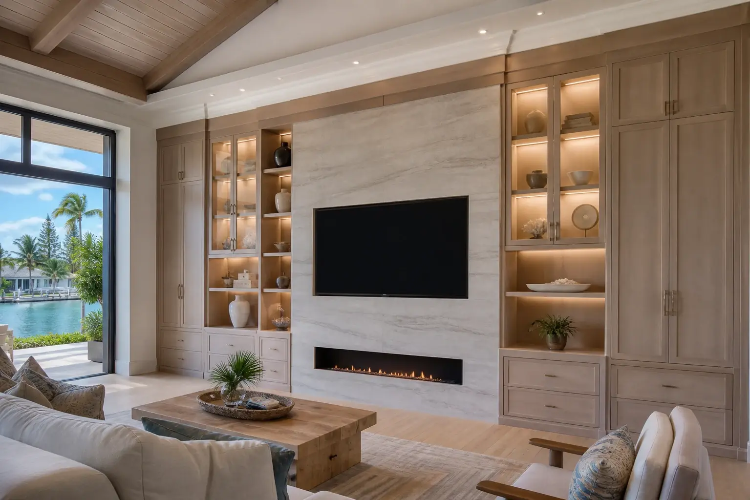 Luxury built-in entertainment center with a stone TV surround, fireplace, illuminated display cabinets, and full-height storage in Sarasota.