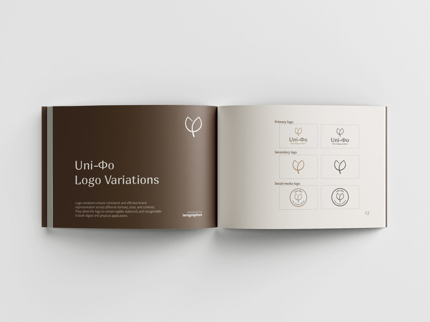 Uni-Φo brand guidelines book spread showcasing logo variations, including primary logo, secondary logo, and social media logo system, as part of a minimalist visual identity and branding design created by Leragraphics.