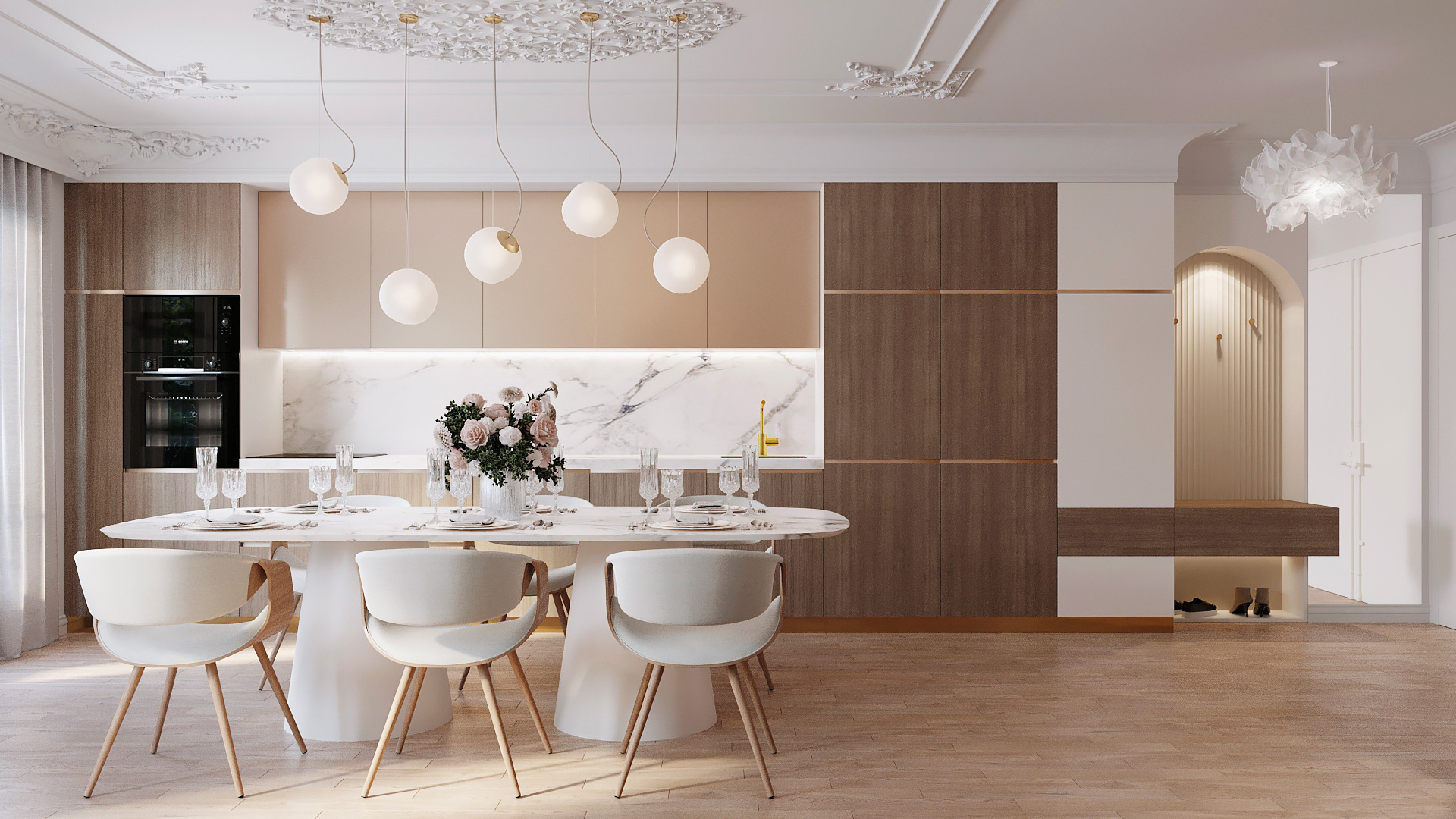 Salle à manger élégante avec table ovale blanche et suspensions rondes