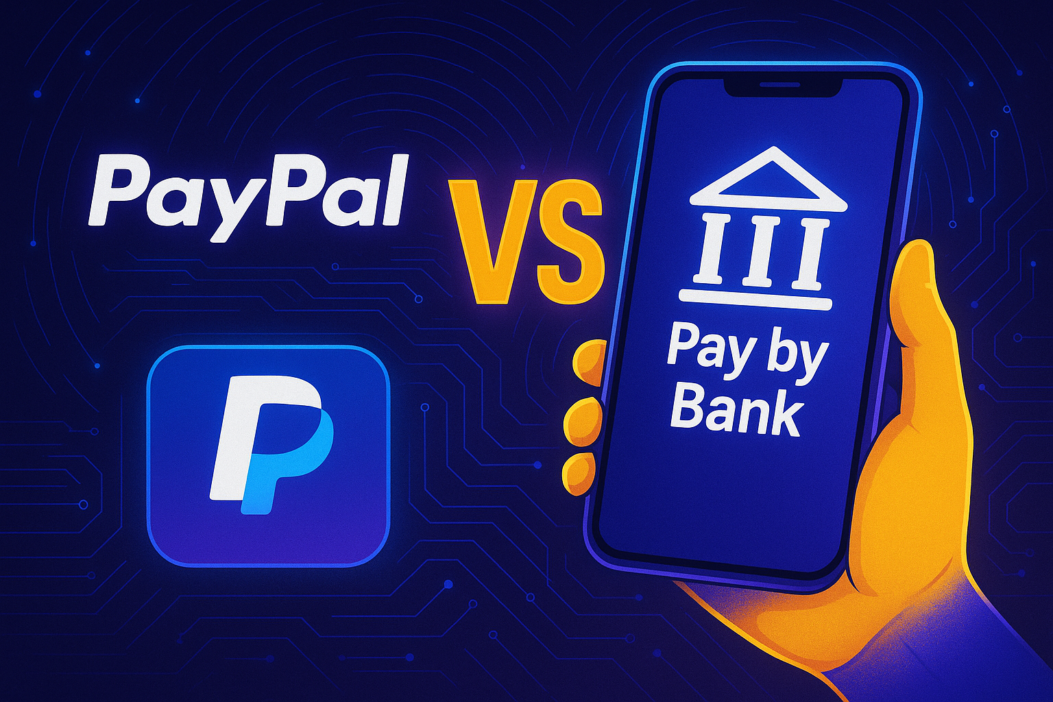 Futuristic comparison graphic showing PayPal on the left versus Pay-by-Bank on a smartphone on the right, in neon digital colours, illustrating a comparison between PayPal fees and Pay-by-Bank payments.