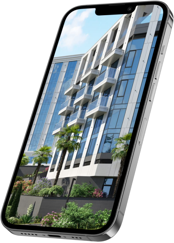 Апартаменты в Сочи, Апарт-комплекс Сочи, комплекс Космос Курортный в Сочи, Купить апартаменты Сочи, Вид на горы и море, Комплекс с шикарными видами, Мокап телефона