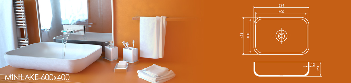 Раковина MINILAKE 600x400 из акрилового камня, размеры: ширина 600 мм, глубина 400 мм, высота борта 120 мм. Прямоугольная форма с плавными закруглениями, схема параметров и монтажа.