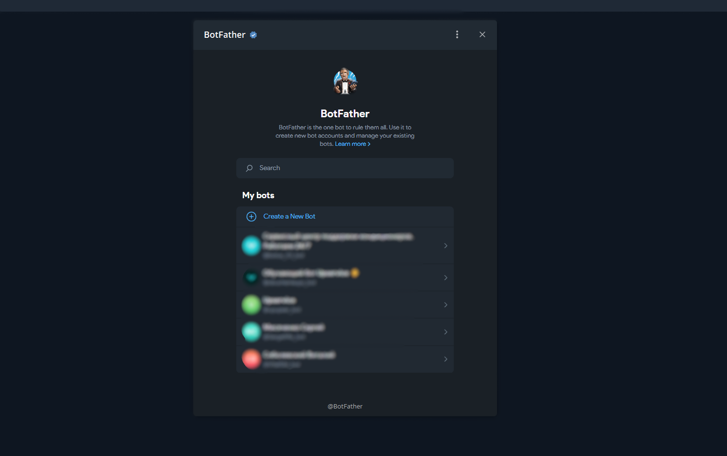 Search for @BotFather in your Telegram chat search.