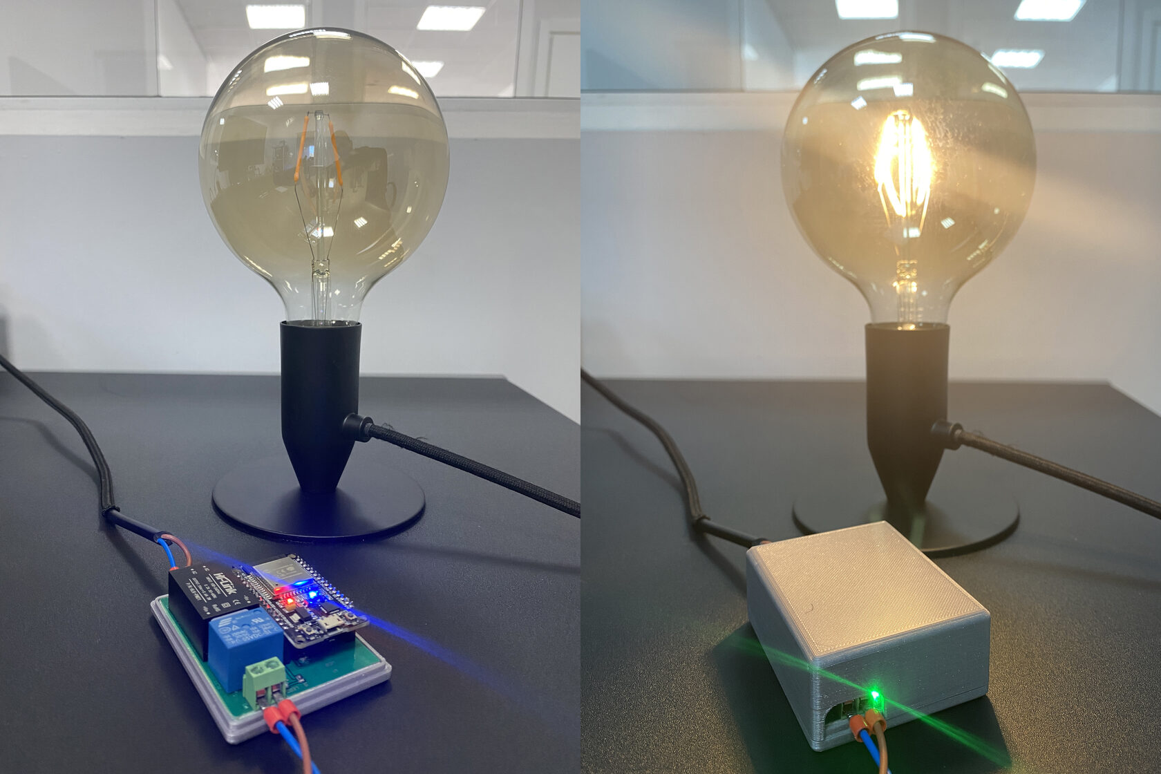 WiFi relay on PCB with table lamp connected