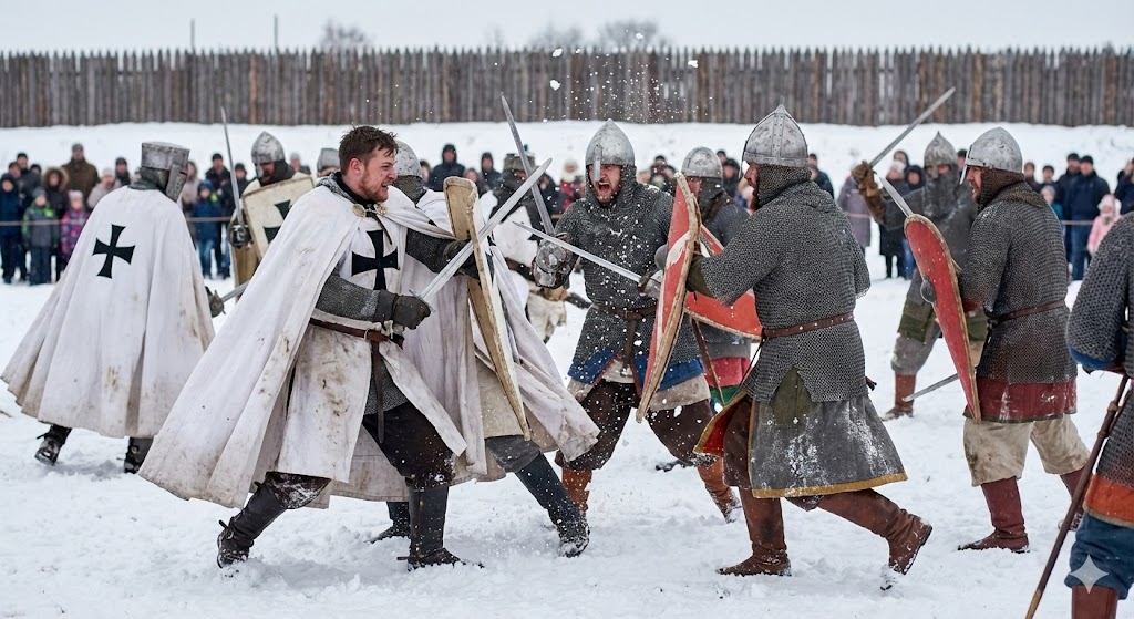 Историческая реконструкция Ледового побоища: бой русских воинов с рыцарями 