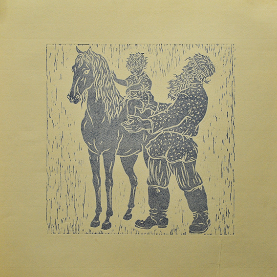 engraving linocut Nude horse child father