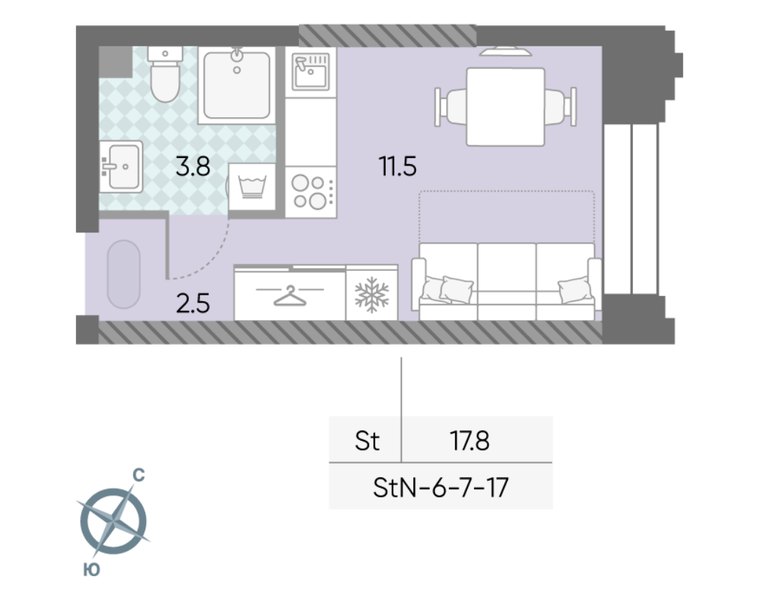 Планировка студии 17,8 м² в доме «СПАРК» (ЗИЛАРТ): дом 21, 9-й этаж