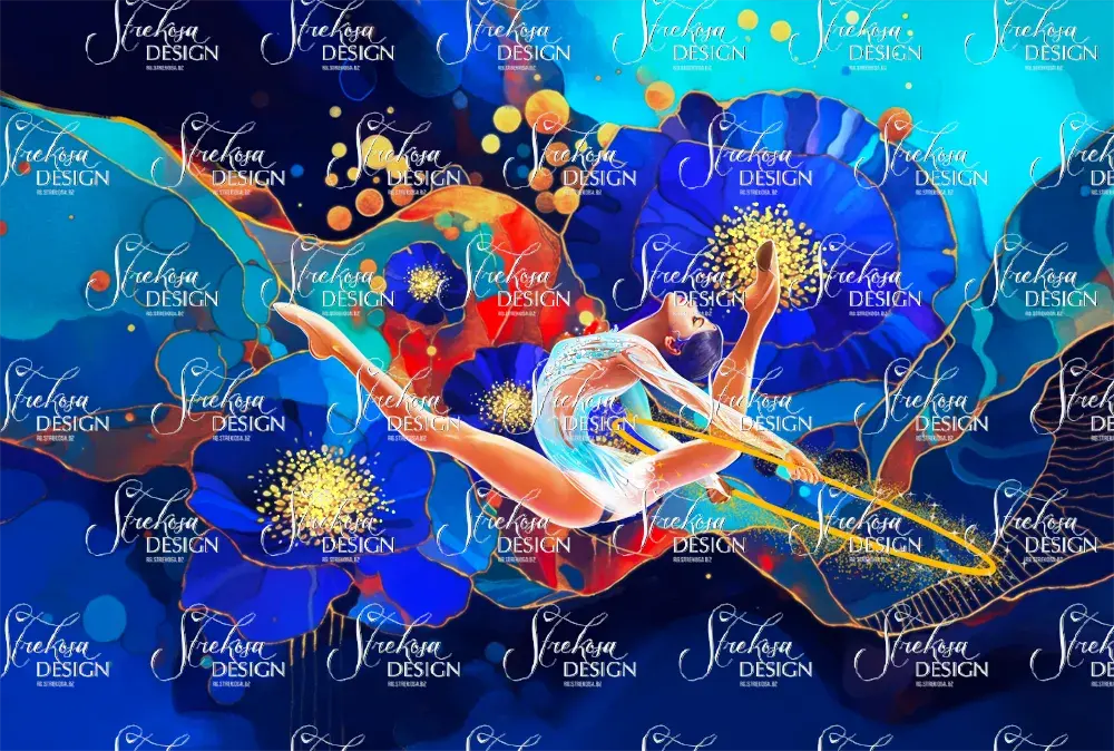 Rhythmic gymnast with a hoop among blue flowers