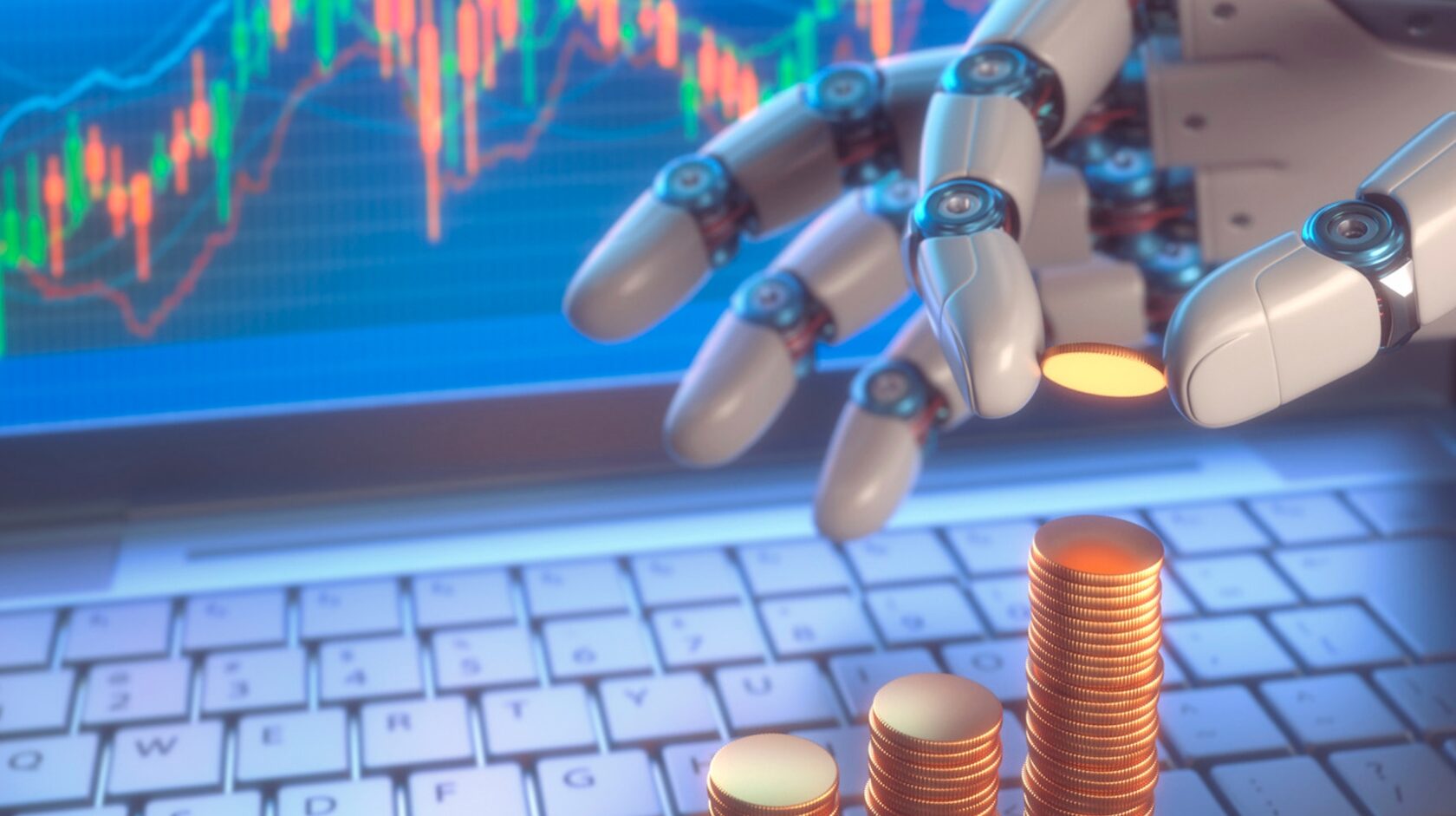 Options trading bot: Robotic hand stacking coins in front of a screen with Japanese candlesticks