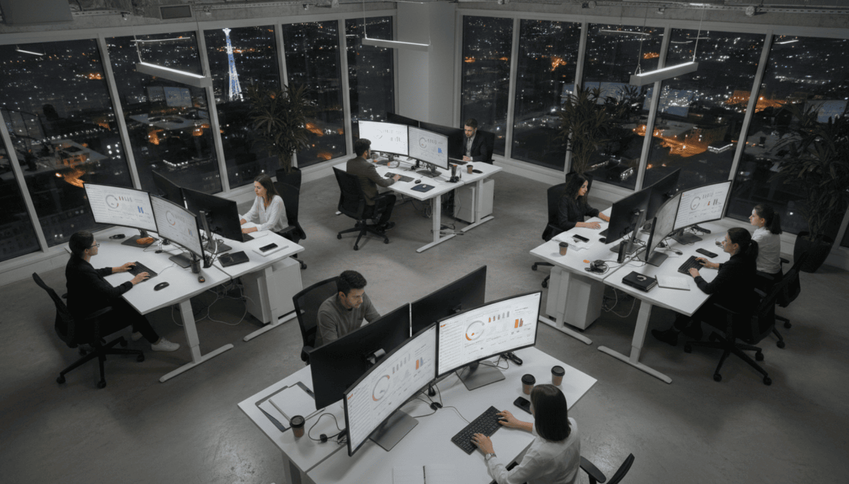 A laptop screen displays a real-time budget reallocation dashboard in a Central Asian office, showing AI-driven media budget optimization across multiple channels.