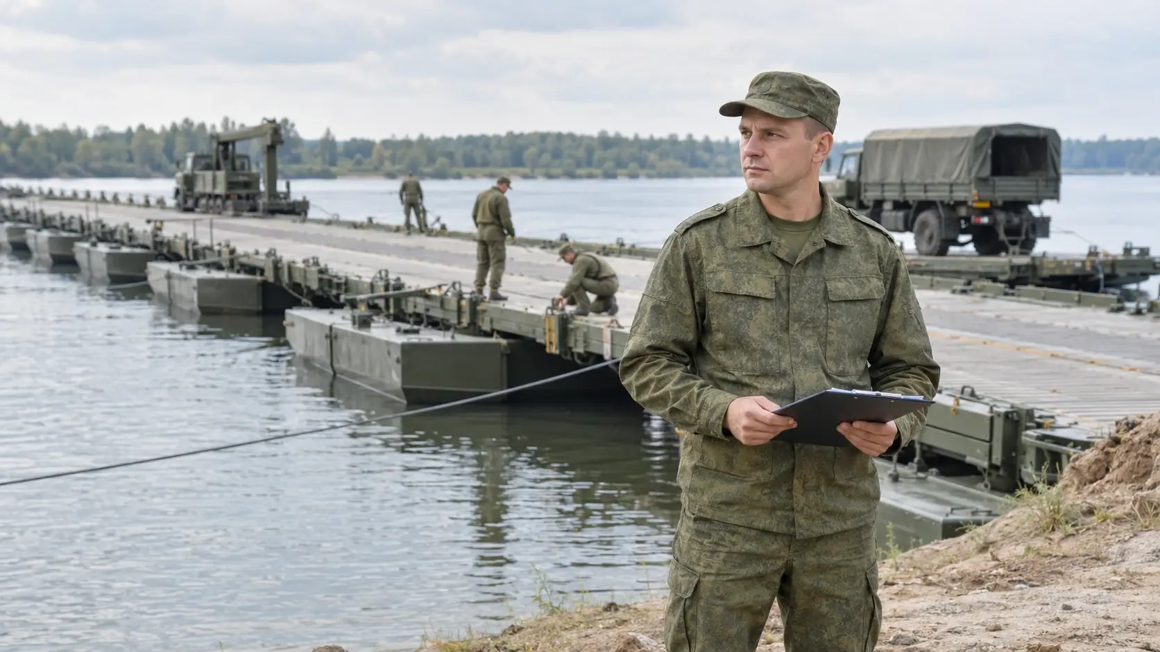 Понтонер инженерных войск рядом с понтонной переправой и инженерной техникой