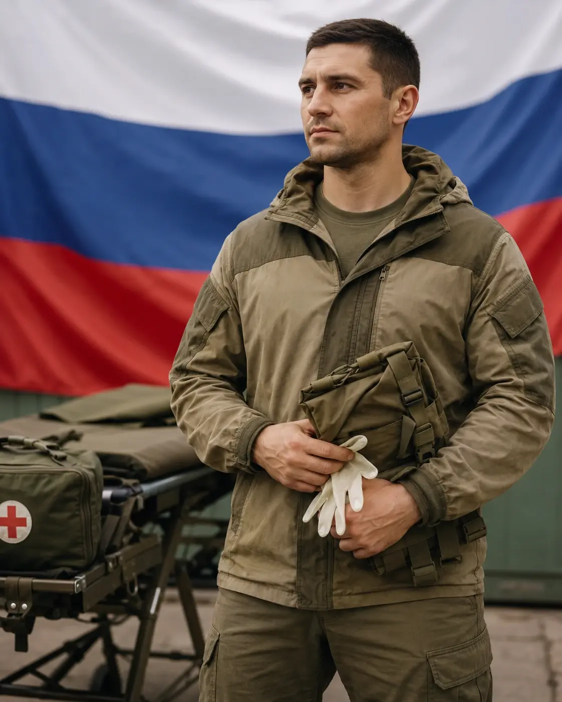 Военнослужащий санитар на фоне флага России
