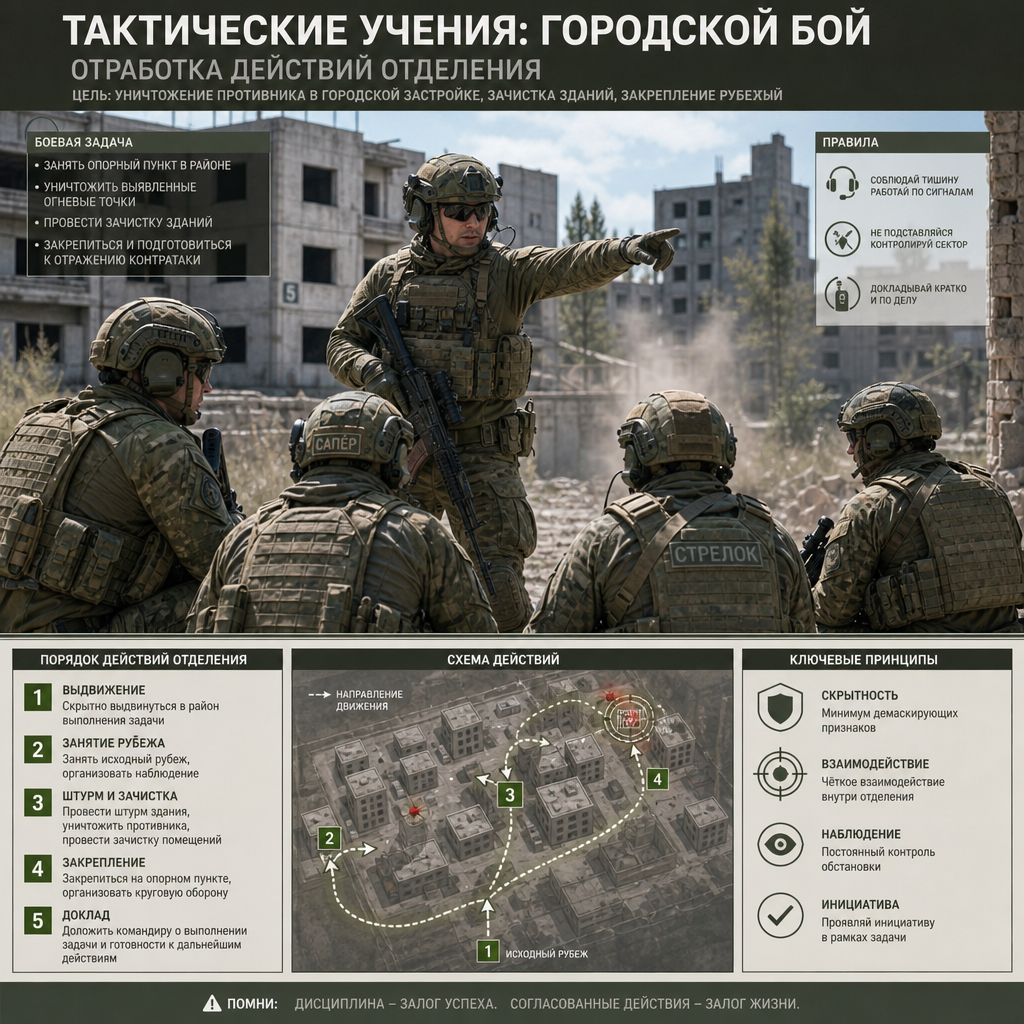 Военнослужащие на тактических учениях — отработка действий отделения в условиях городского боя, командир отделения ставит задачу бойцам, полигон, реалистичные условия подготовки