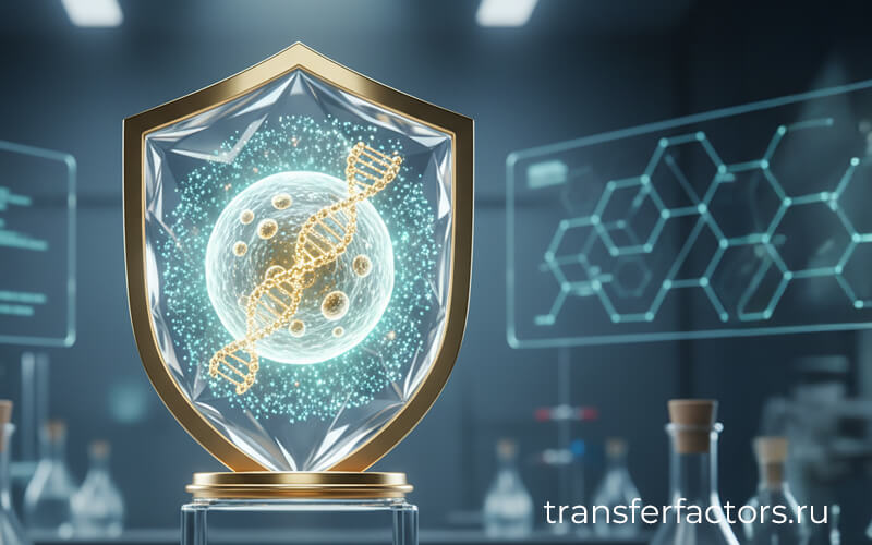 4Life Transfer Factor — символ иммунной защиты: щит с ДНК-спиралью и клеткой на фоне лаборатории