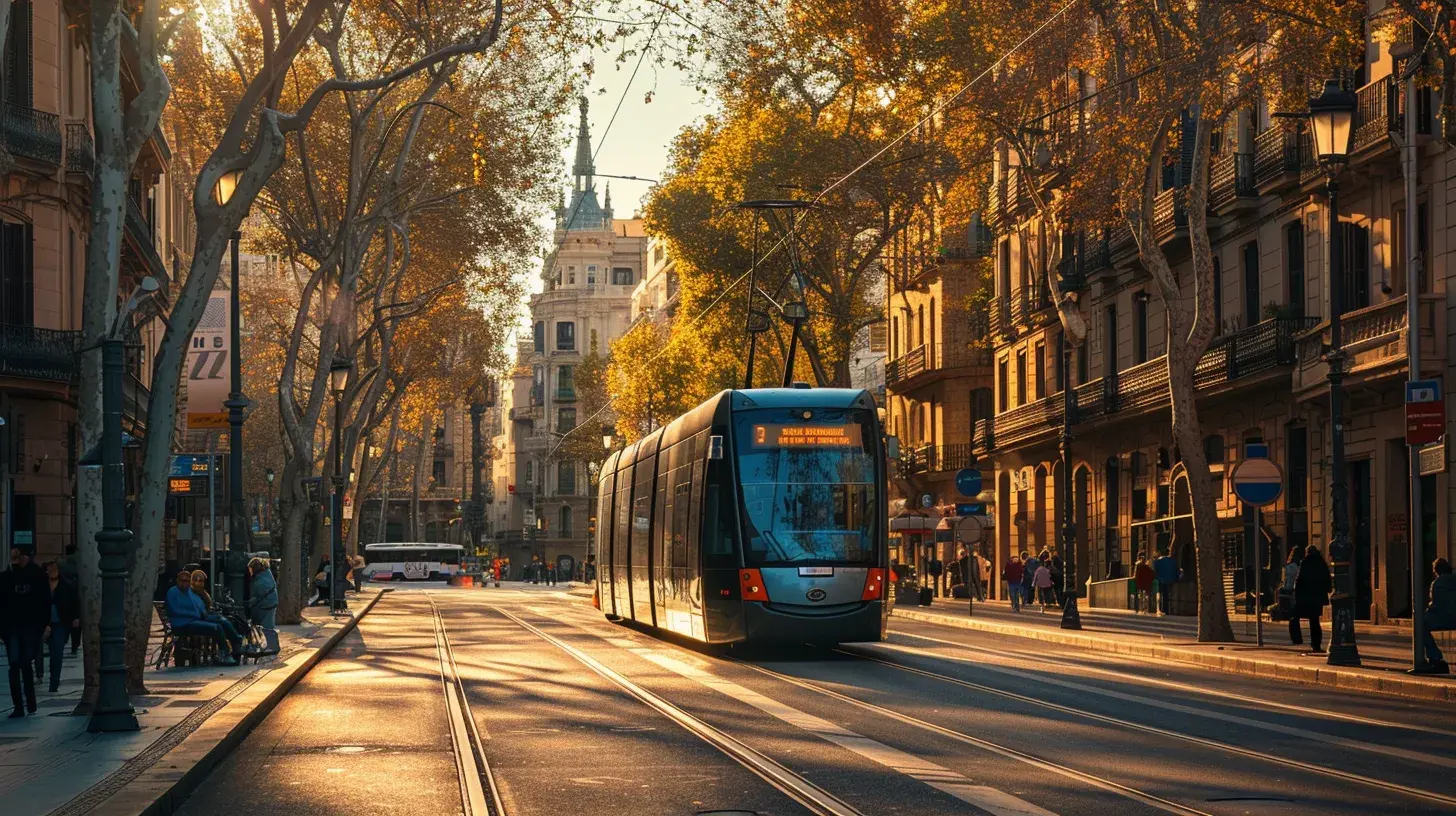 a dynamic urban scene featuring a sleek barcelona tram gliding smoothly past iconic landmarks, with vibrant street life bustling around, capturing the energy and convenience of the city's transit system.