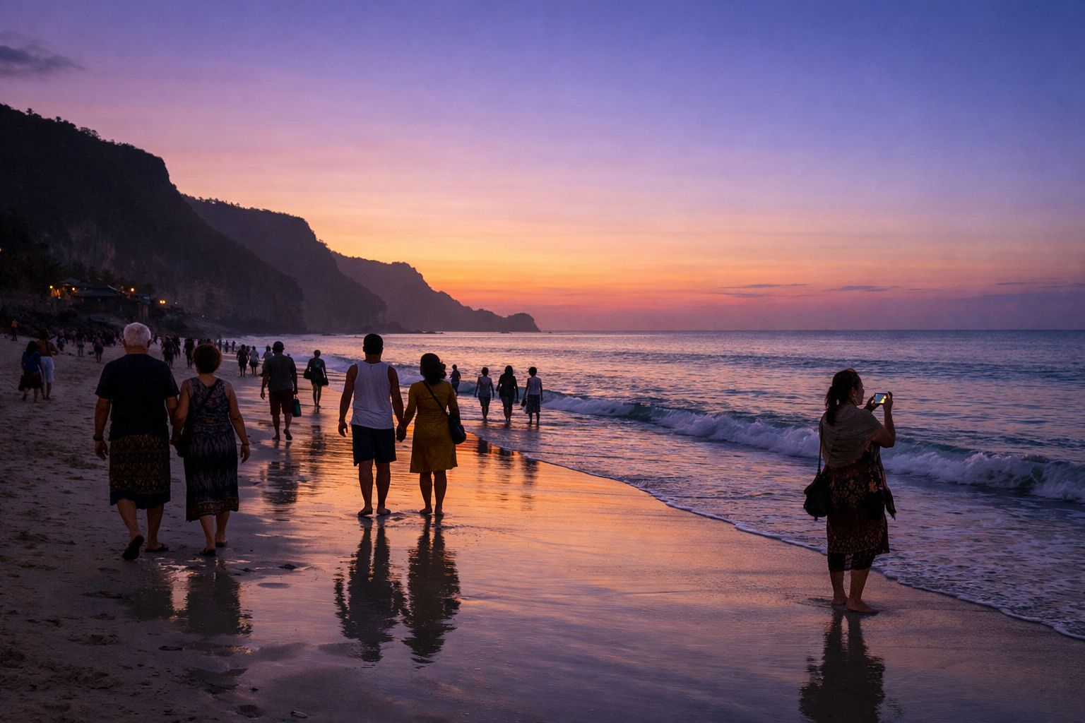 Pengunjung berjalan di bibir Pantai Melasti Bali setelah pertunjukan saat langit senja berwarna ungu jingga