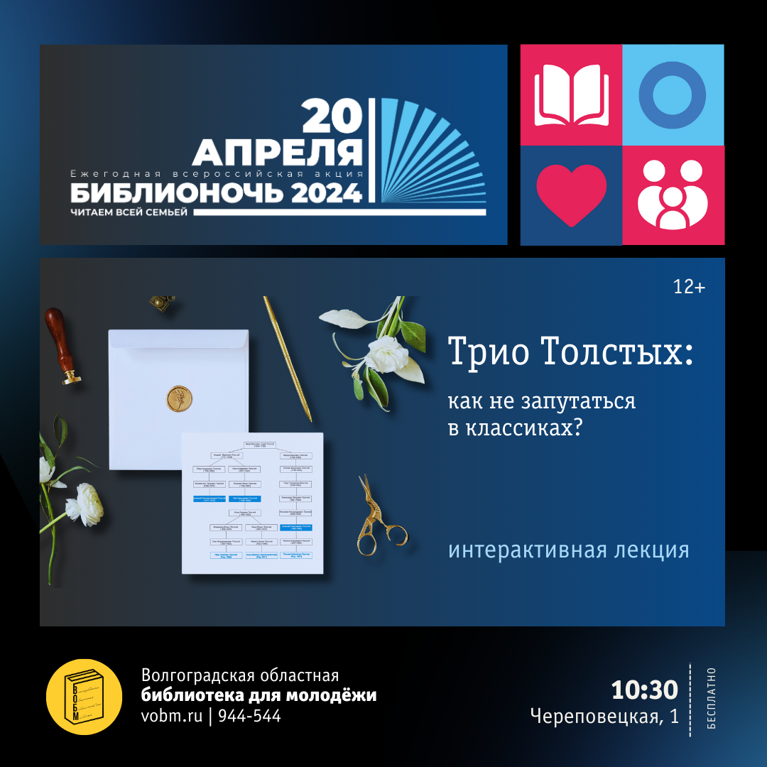 Библионочь 2024, Волгоград, ВОБМ, Интерактивная лекция «Трио Толстых: как не запутаться в классиках»