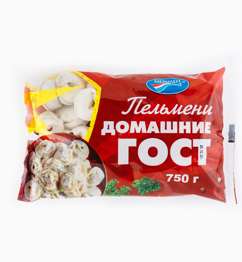 Пельмени «Домашние ГОСТ» от производителя Мерилен — замороженные полуфабрикаты с жилованной говядиной и свининой, нежное тесто Упаковка: 750 гр. Классика качества.