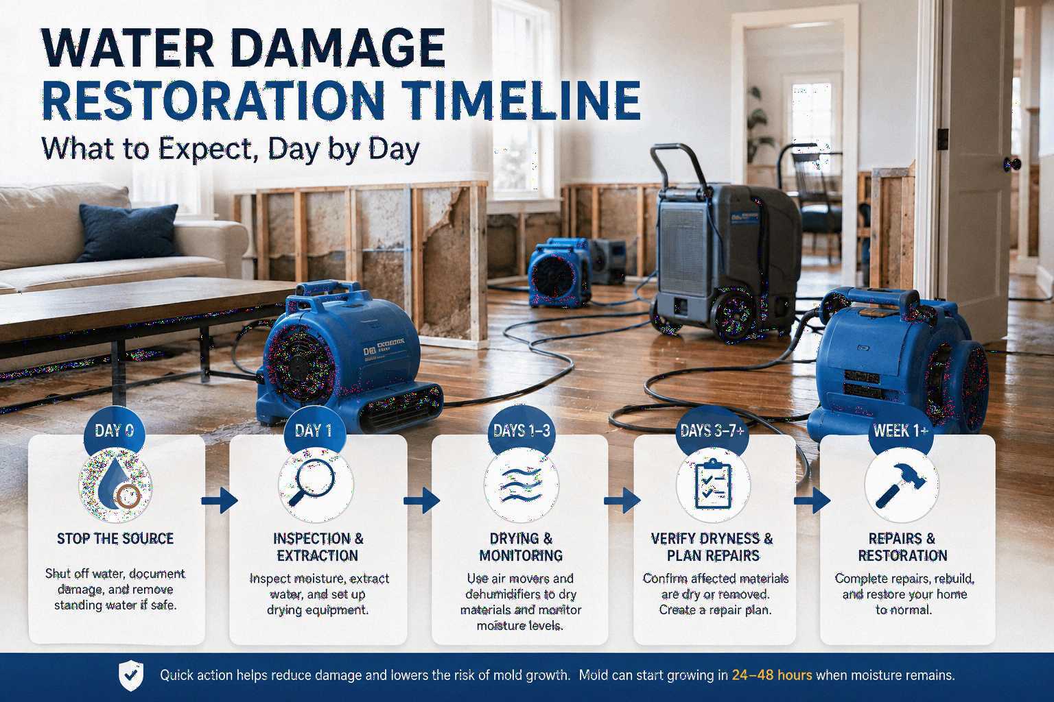 Water damage restoration timeline infographic showing a wet home interior with drying equipment exposed walls air movers dehumidifier and day-by-day restoration steps from water extraction to repairs