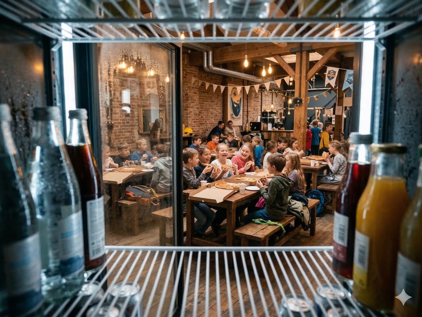 Родители и дети в банкетной зоне лофта на выпускном