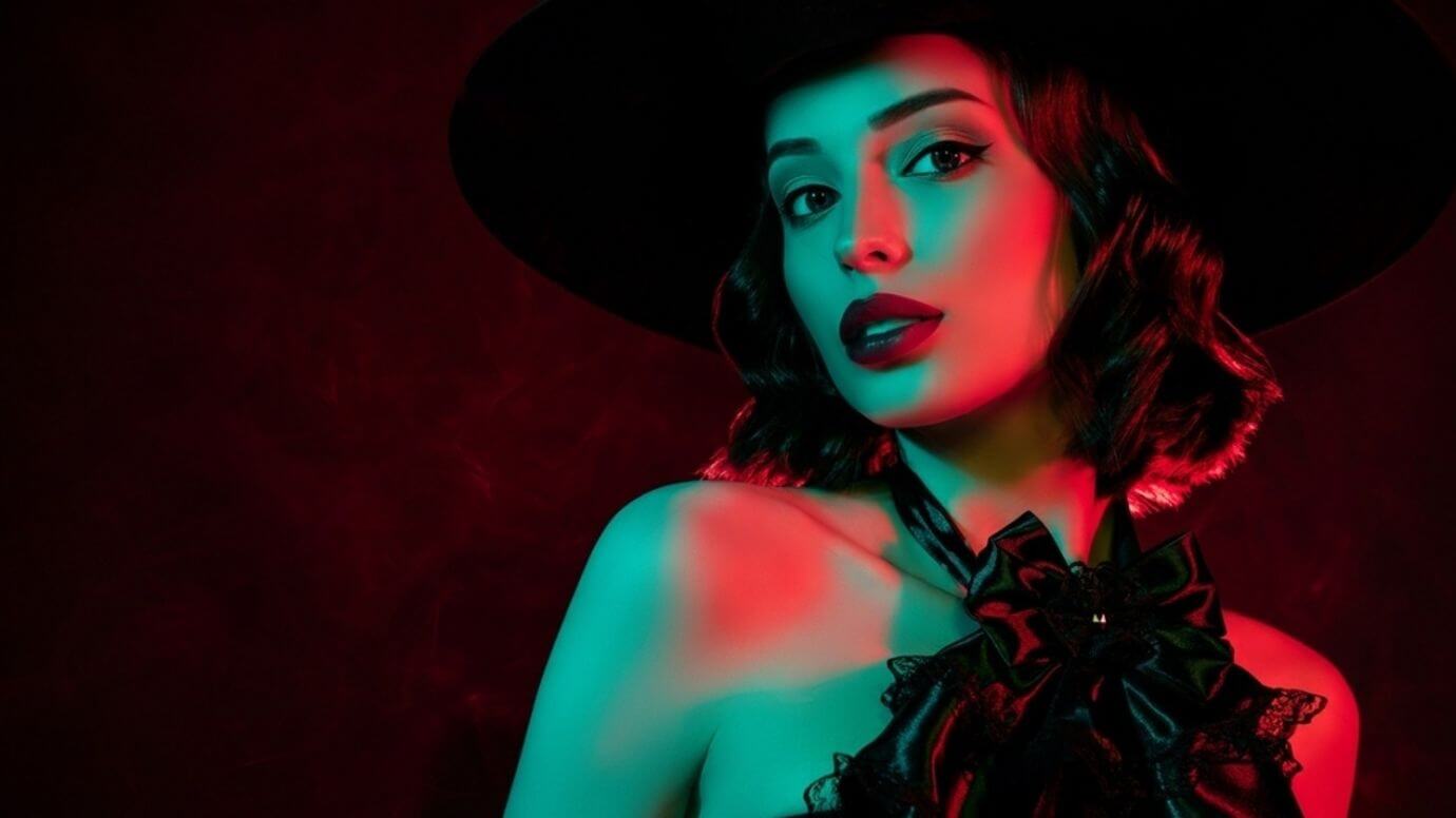 A mesmerizing woman bathed in a sultry red light, emanating a sinister aura
