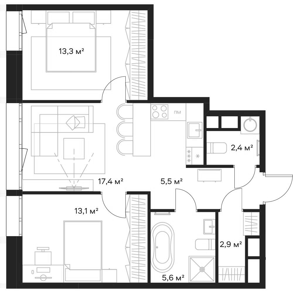 2-комн. — 60 м²