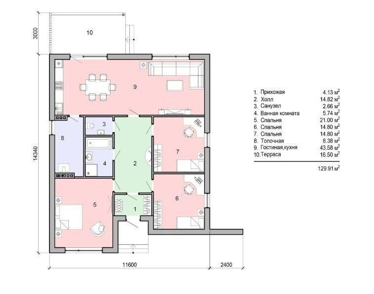 Планировка одноэтажного дома 129,91 м² с указанием площадей комнат