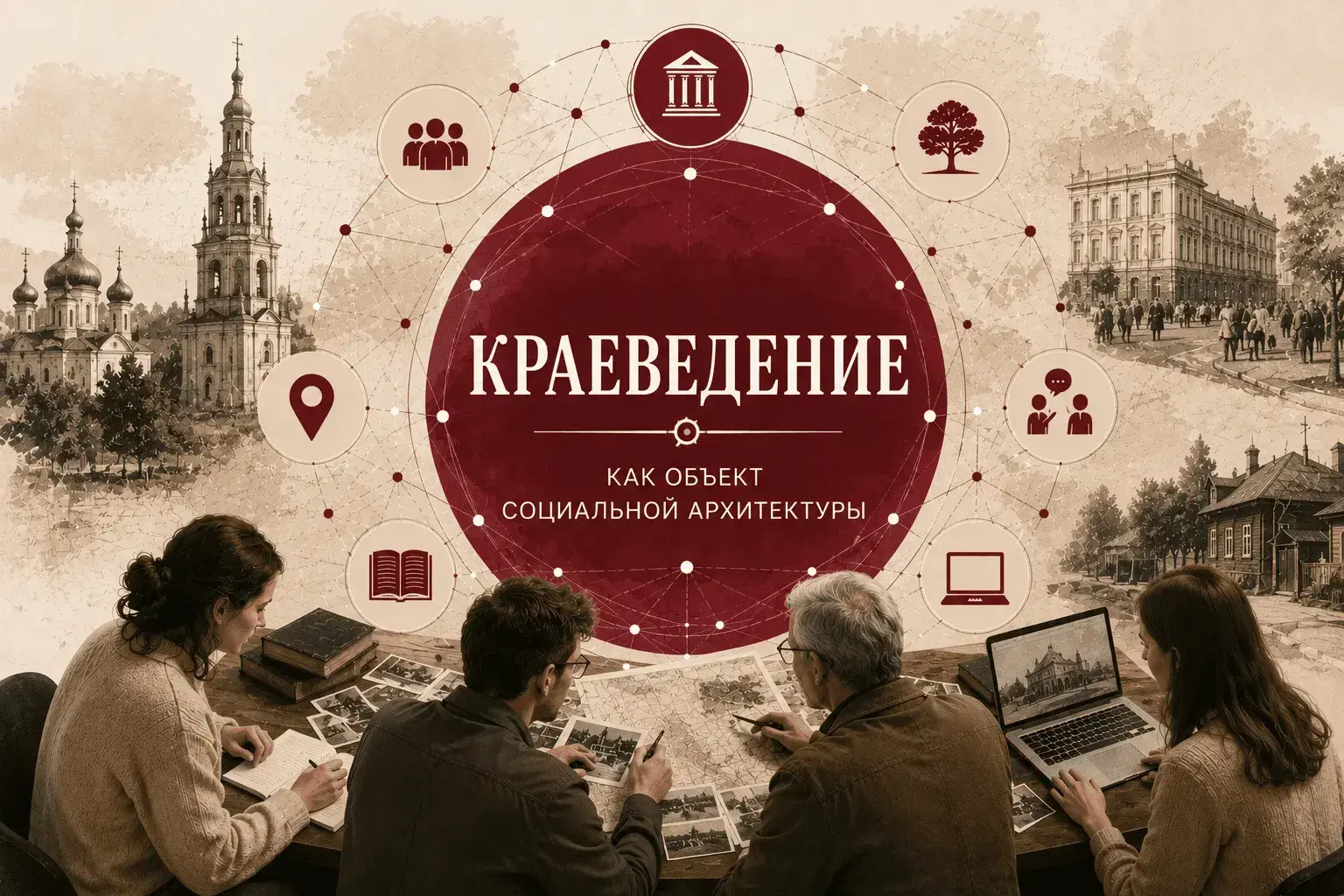 Иллюстрация к статье «Краеведение как объект социальной архитектуры»: исследователи обсуждают архивные материалы, исторические карты и фотографии. Центральная композиция символизирует связи между людьми, территориями, культурной памятью и общественными институтами, отражая развитие современного краеведческого движения.