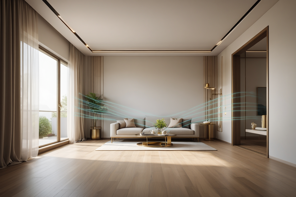 Светлая гостиная с тихой вентиляцией: линии притока, дубовый пол, льняные шторы и латунные детали.