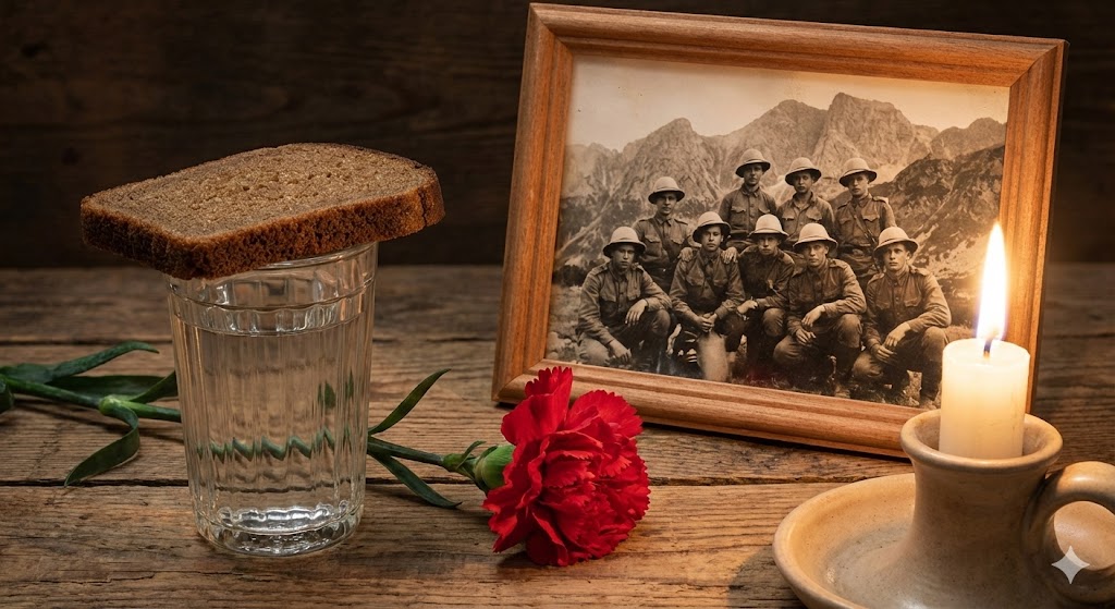 Традиционная поминальная композиция: хлеб на стакане, гвоздика и фото солдат