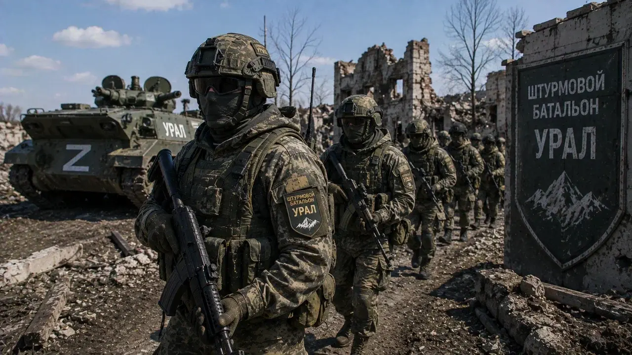 Бойцы штурмового батальона УРАЛ в экипировке на фоне боевой техники