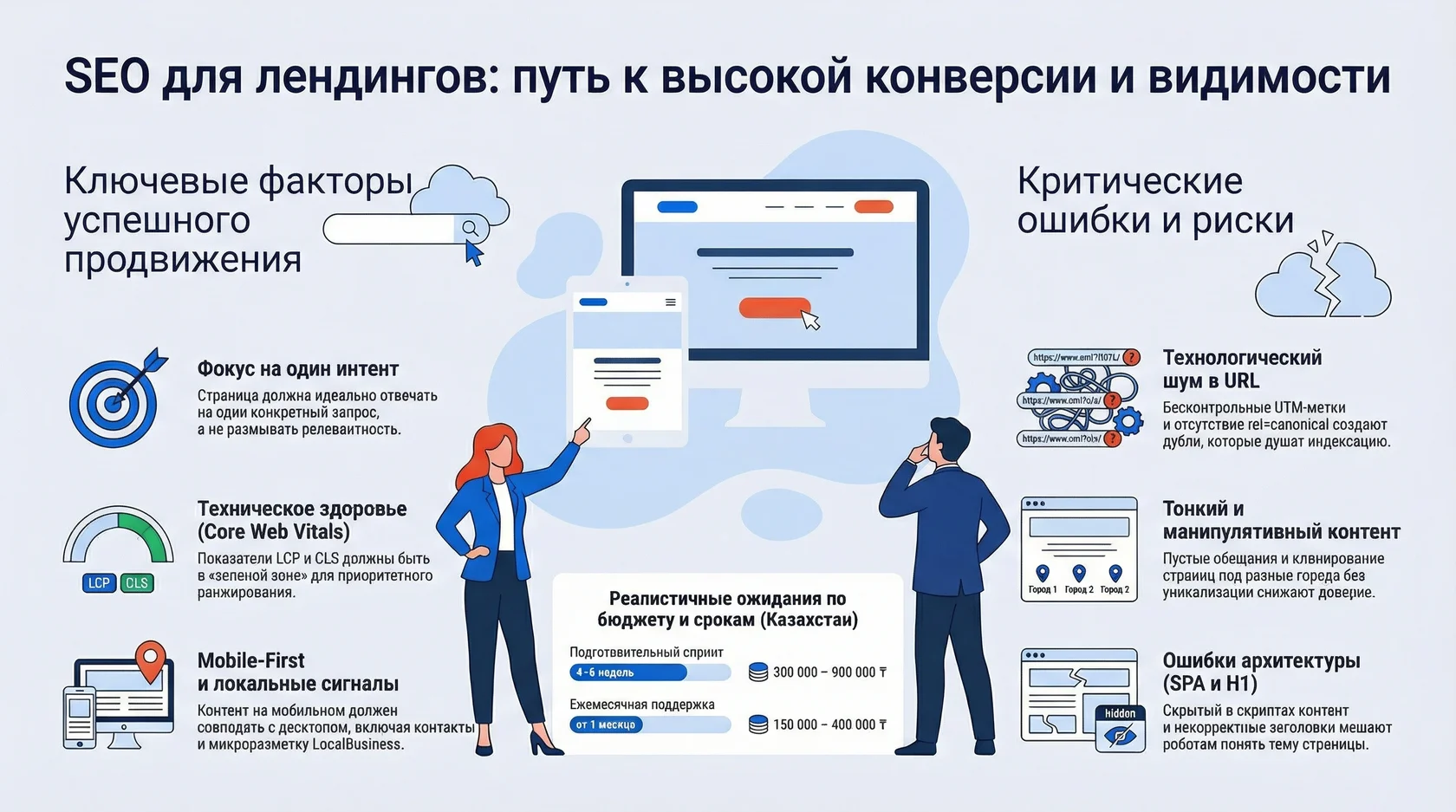 Инфографика: путь к конверсии seo для лендингов ключевые факторы продвижения и критические ошибки.