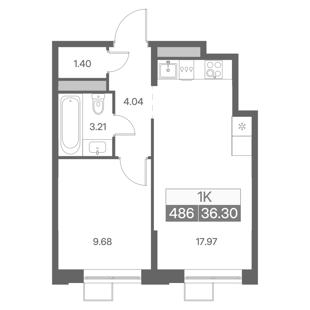 Планировка однокомнатной квартиры 36.30 м² в ЖК Новая Львовская