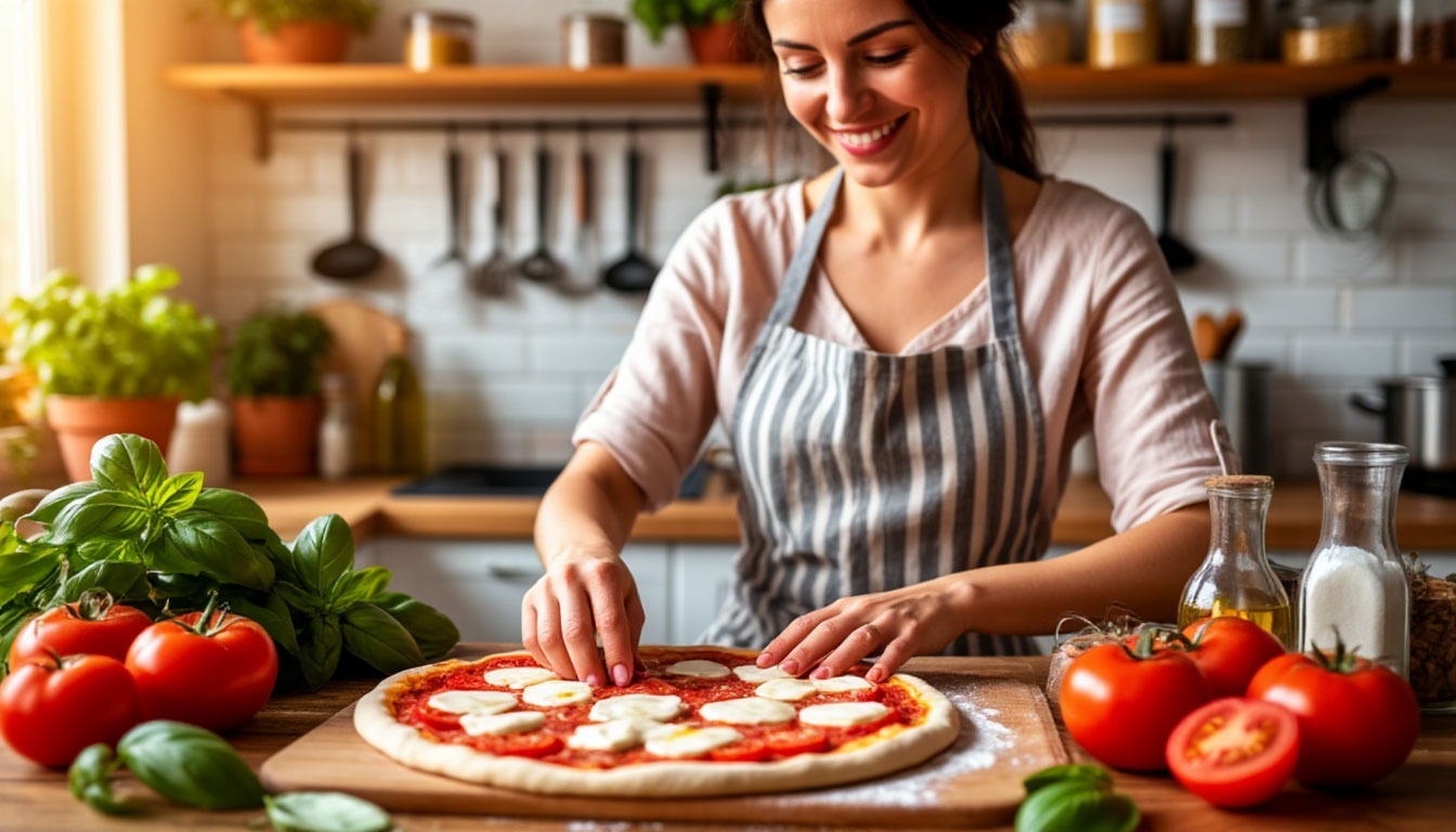 женщина с темными волосами,стоит на кухне и готовит пиццу 