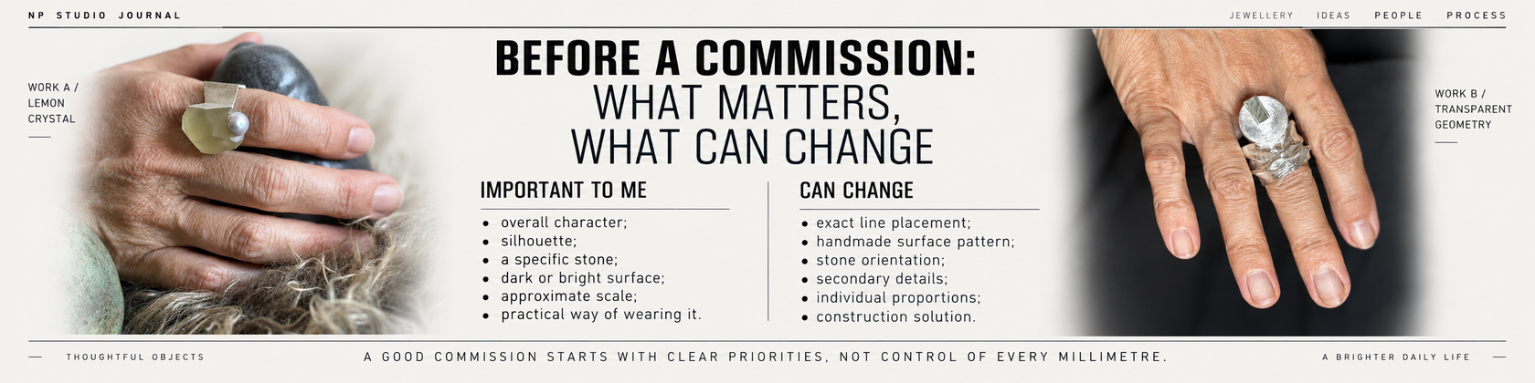 NP Studio Journal infographic showing what may be essential before a custom ring commission and which details can remain flexible.