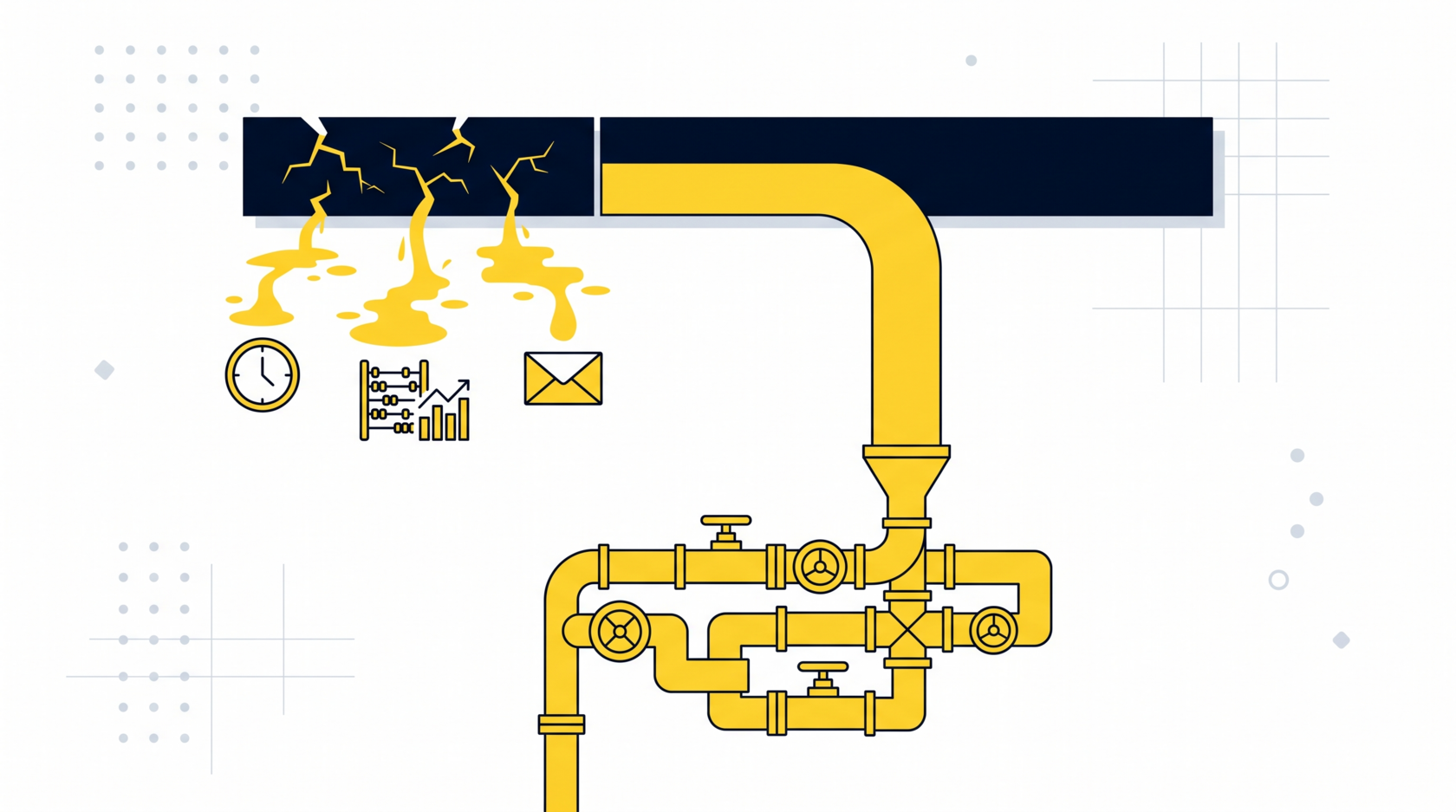 A flat editorial illustration showing marketing budget leaking through manual management gaps in a professional services context.