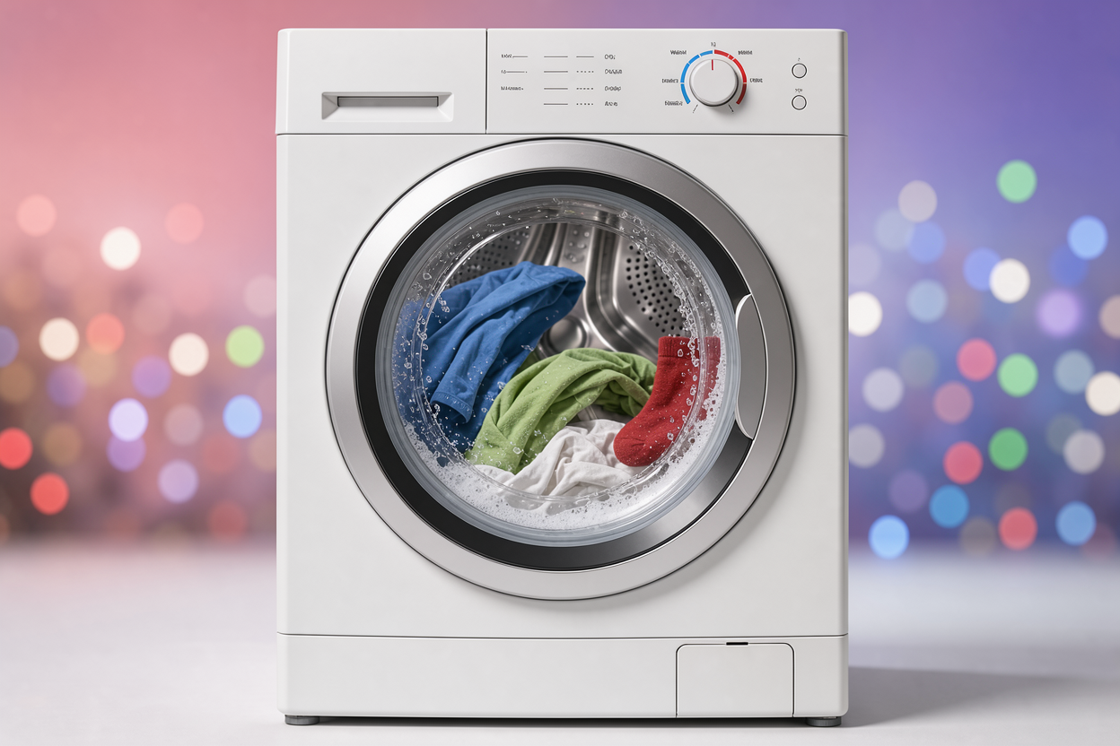 Interior of a front-loading washing machine mid-cycle, clothes tumbling, water splashing, and a visible temperature dial set to a warm setting; no logos