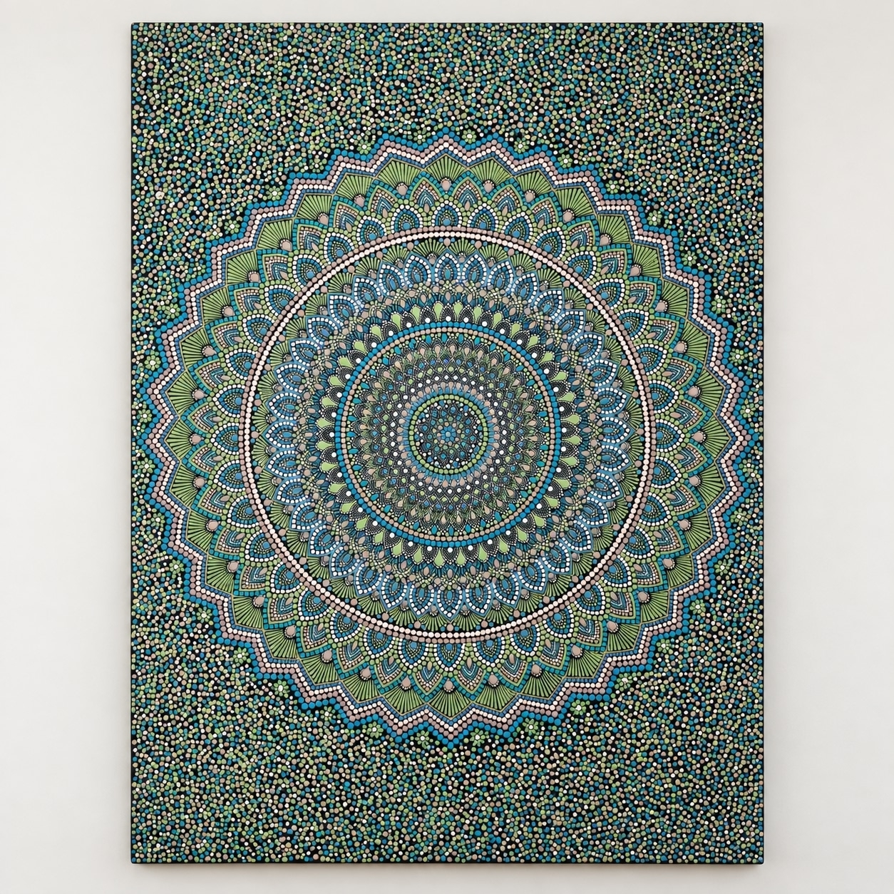 Большая авторская картина «Сад внутри» 90×120 см в зелёных, бирюзовых и пудровых оттенках