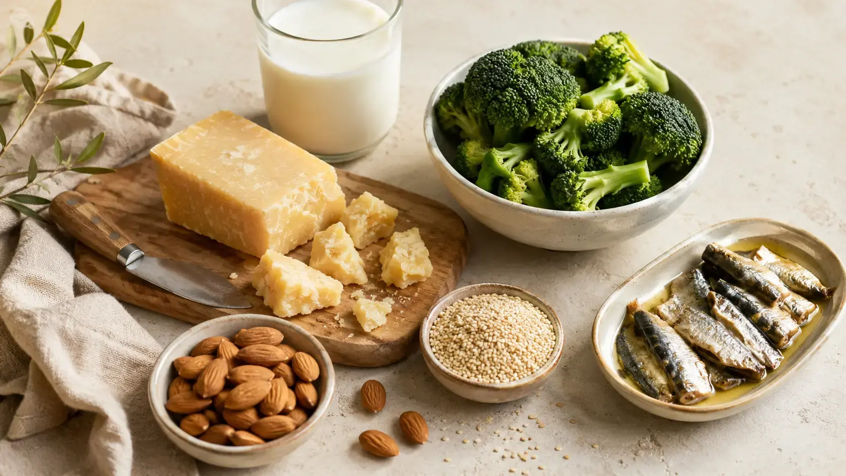 Продукты — источники кальция на кухонном столе