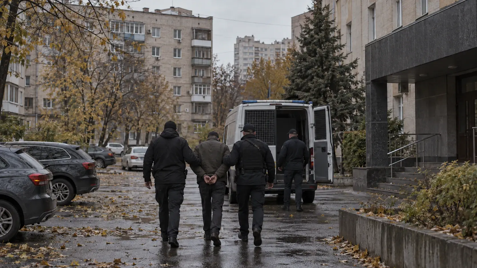 Художественная иллюстрация: сотрудники правоохранительных органов сопровождают задержанного мужчину к служебному автомобилю на городской улице