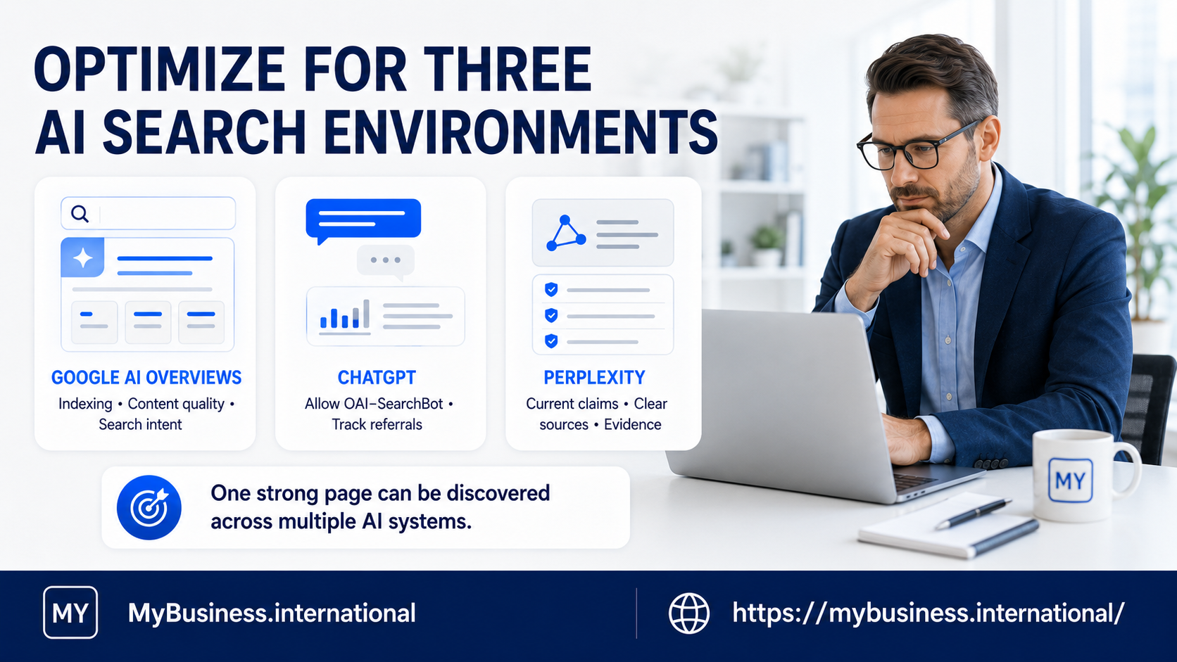 Infographic illustrating how to optimize content for three AI search environments—Google AI Overviews, ChatGPT, and Perplexity—highlighting key factors like indexing, OAI-SearchBot, and evidence-based claims.