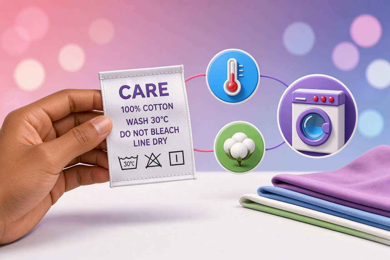 Illustration showing a hand holding a clothing care label, nearby icons for temperature, fabric type, and a washing machine; no brand names