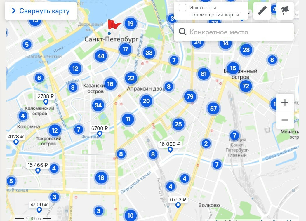 На Островке свободное жилье можно вывести на карту города