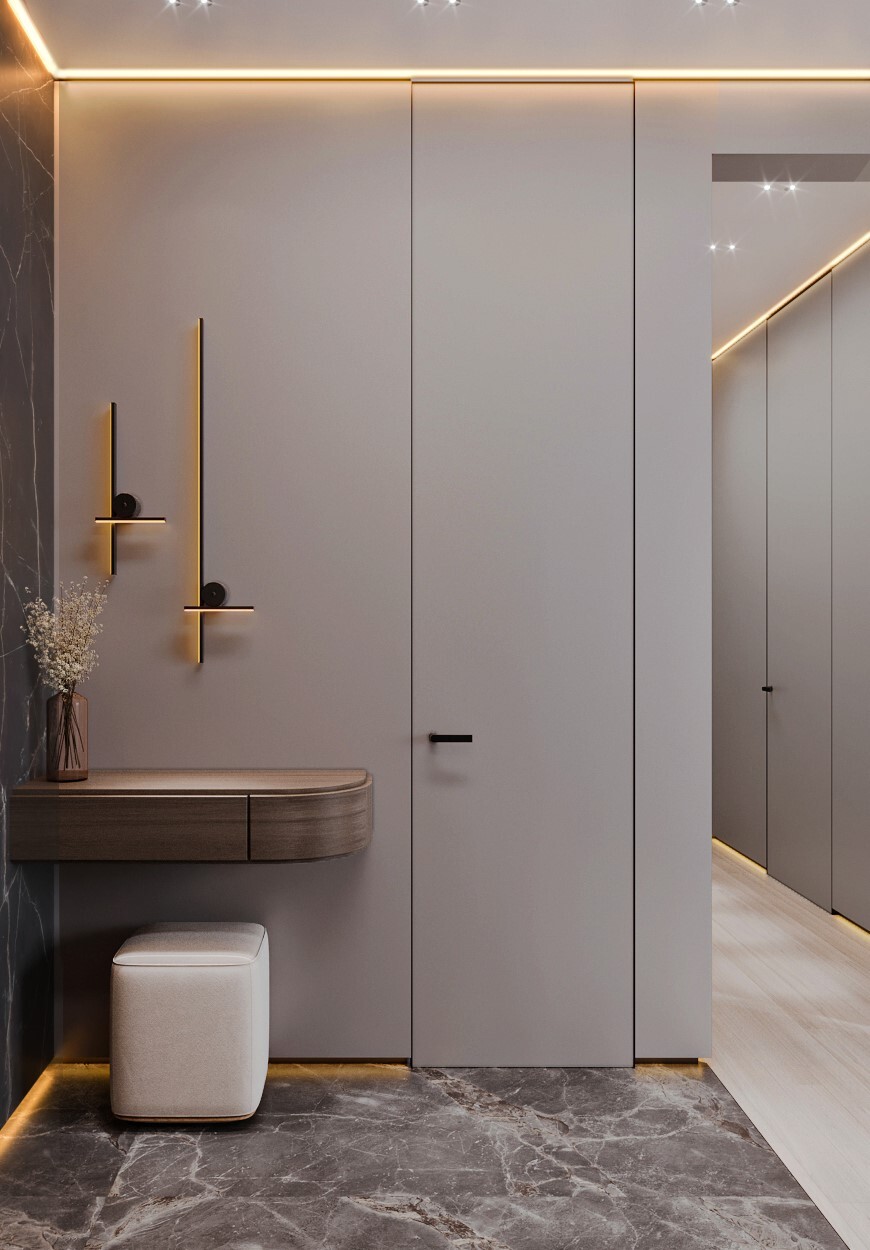 Дизайн интерьера холла холостяка с подвесной кухней, камином и кожаными акцентами