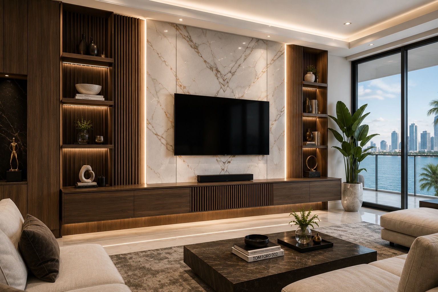 Luxury Miami living room featuring a dramatic architectural wall with oversized Calacatta marble-look panels, walnut veneers, integrated LED lighting, floating cabinetry, and premium contemporary design.