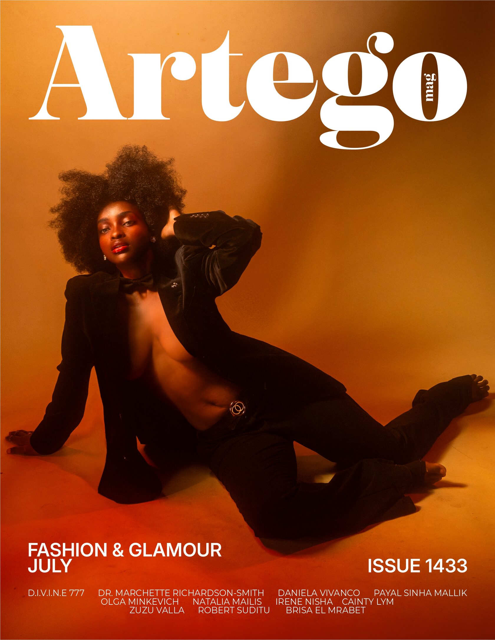 Artego Magazine Fashion & Glamour Issue 1433 cover featuring a woman in a black suit against a warm amber background.